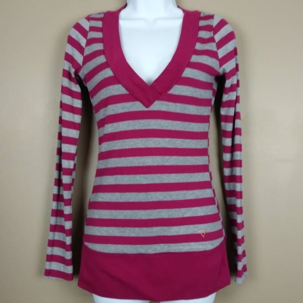 Guess Striped V-Neck Long Sleeve Top Size Medium